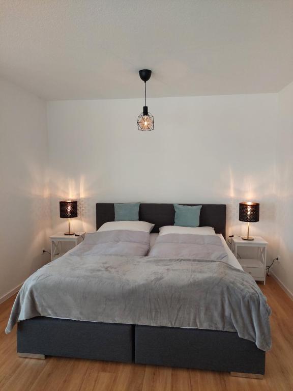 1 dormitorio con 1 cama grande y 2 mesitas de noche en Moderne Wohnung mit Vollausstattung in ruhiger Lage, W-LAN, en Großröhrsdorf