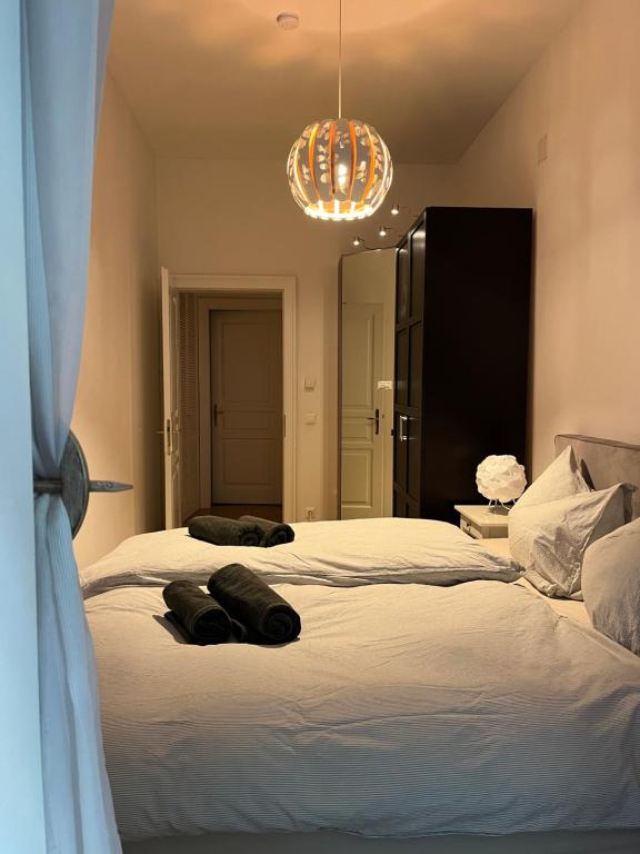 sypialnia z 2 łóżkami i żyrandolem w obiekcie Apartment with garden - central station w Wiedniu