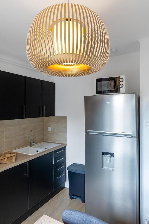 a kitchen with a stainless steel refrigerator and a chandelier at ZenBNB - Évasion - Colocation - Ch 39 - Proche Transport in Annemasse
