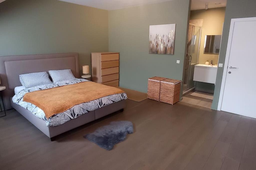 1 dormitorio con 1 cama grande y baño en Brussel-center lux apartment, en Bruselas