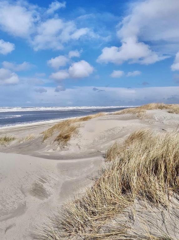 a beach with sand and the ocean on a cloudy day at Deining in Sint Maartensvlotbrug