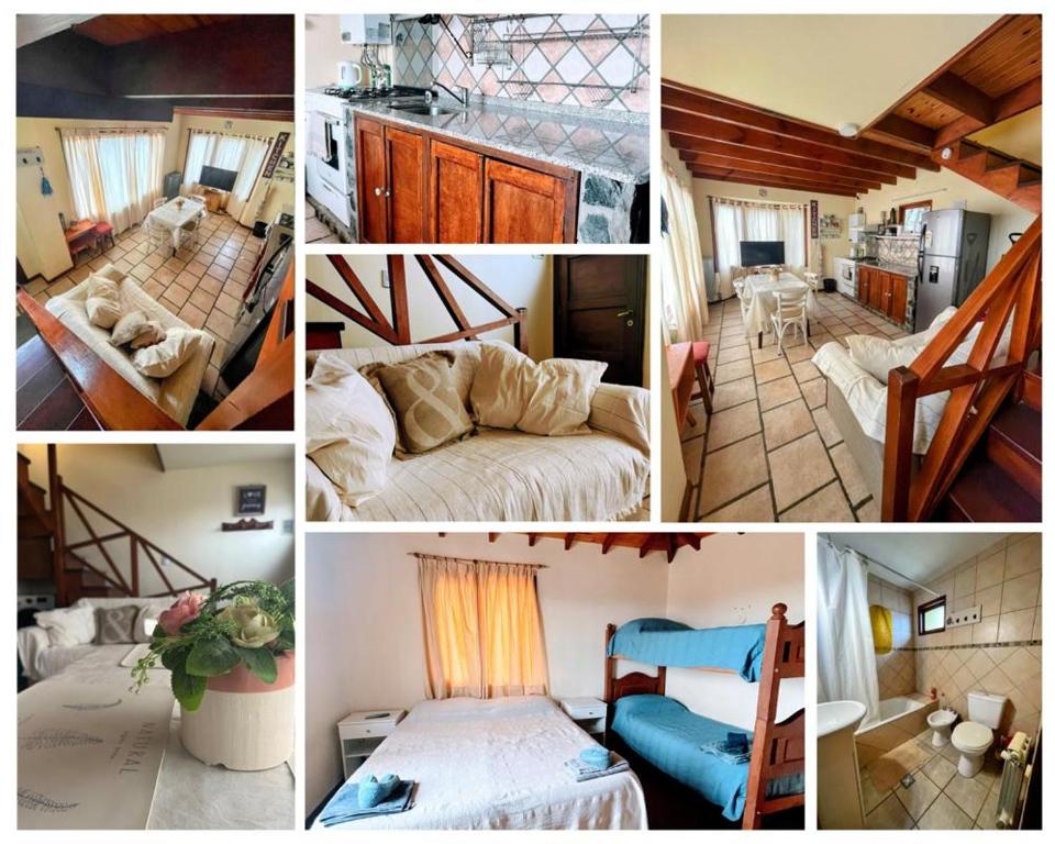 eine Collage mit Bildern einer Küche und einem Wohnzimmer in der Unterkunft Calida cabaña in Ushuaia
