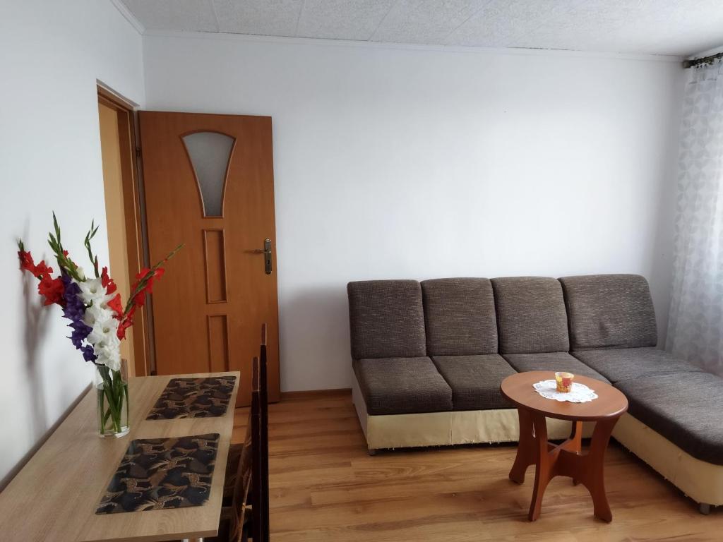 a living room with a couch and a table at Apartament/mieszkanie-Wałbrzych Piaskowa Góra in Wałbrzych