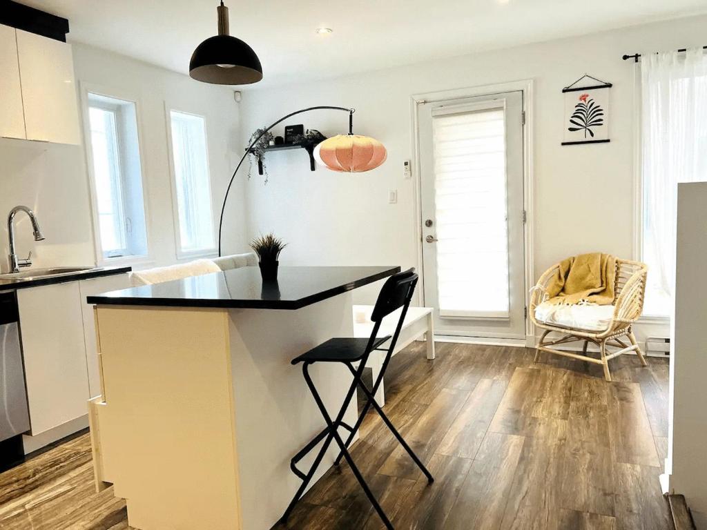 a kitchen with a island in the middle of a room at Spacious one room in two floors apartment-102 in Montreal