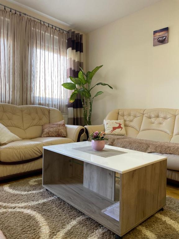 ein Wohnzimmer mit einem Sofa und einem Couchtisch in der Unterkunft Gordana Apartments in Belgrad