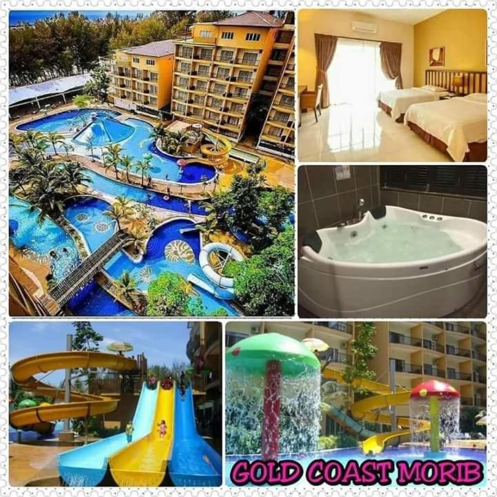 a collage of pictures of a resort with a water park at Studio 6 Gold Coast Morib Resort in Banting