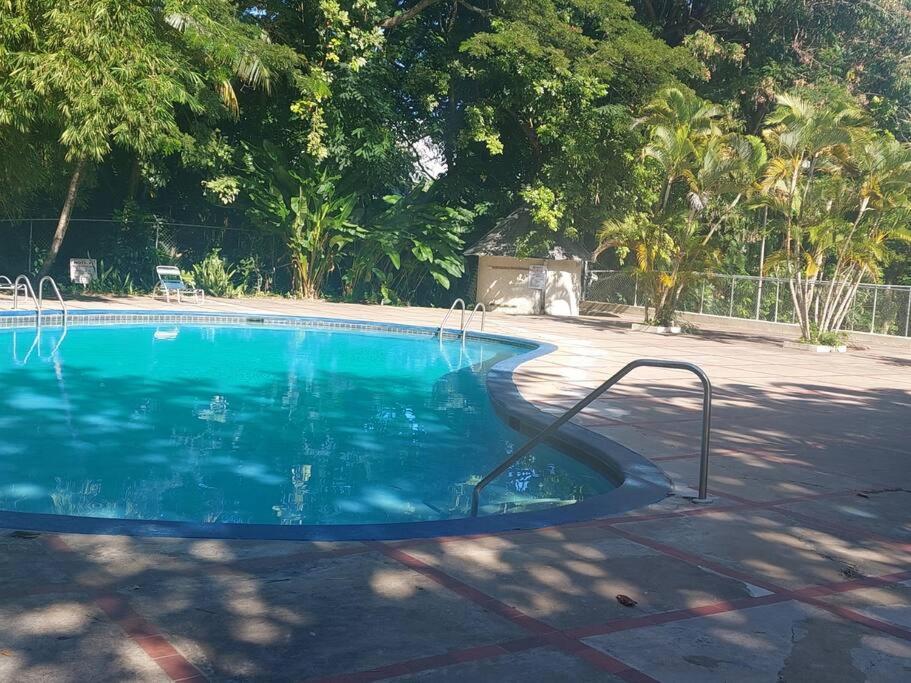una piscina vacía en un patio con árboles en MB's Chillspot en Saint Annʼs Bay