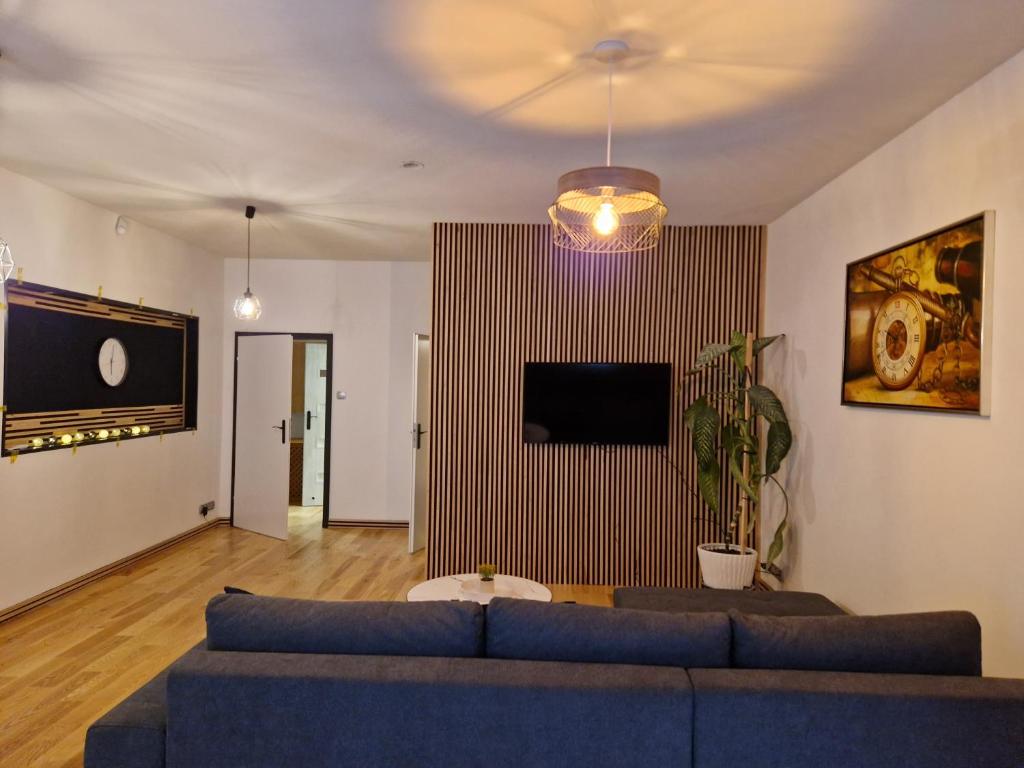 salon z niebieską kanapą i telewizorem w obiekcie Maestria Apartament 1 w mieście Sulechów