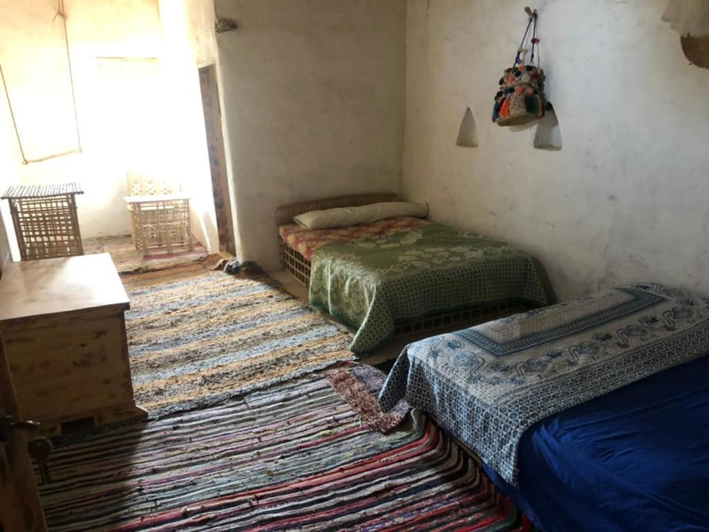 a bedroom with two beds and rugs in a room at Nashdeen Eco Lodge in Siwa