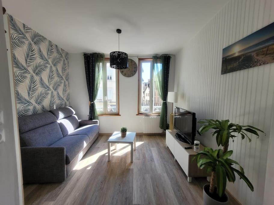 Una sala de estar con un sofá y un televisor. en Le Paséo, en Troyes