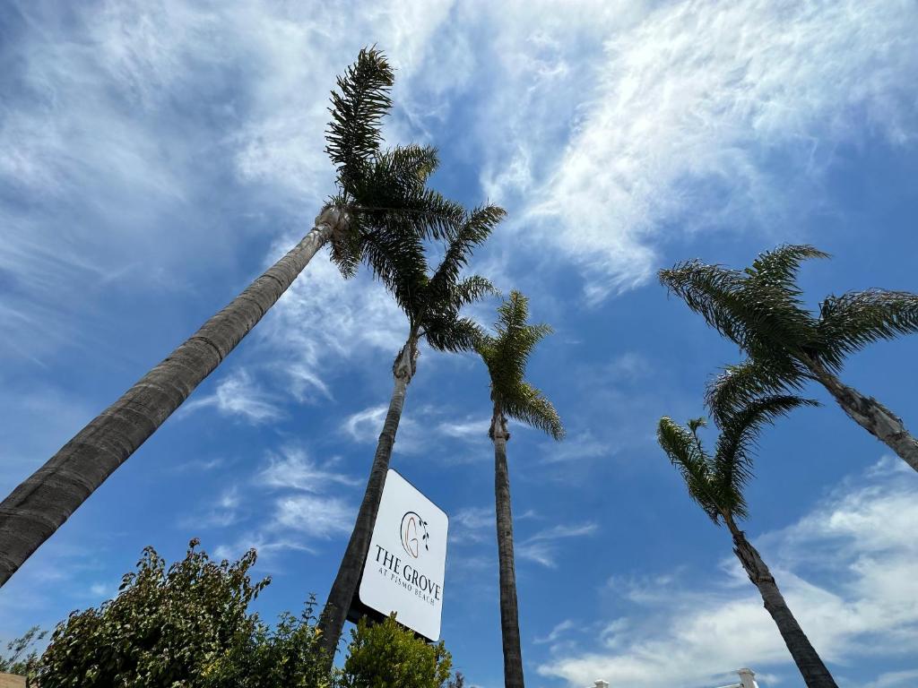 un grupo de palmeras con un cartel en The Grove at Pismo Beach, en Pismo Beach