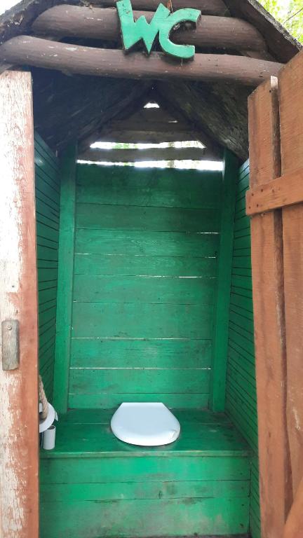 a green out house with a toilet in it at Zakeliškių vandens malūno stovyklavietė in Zakeliškiai