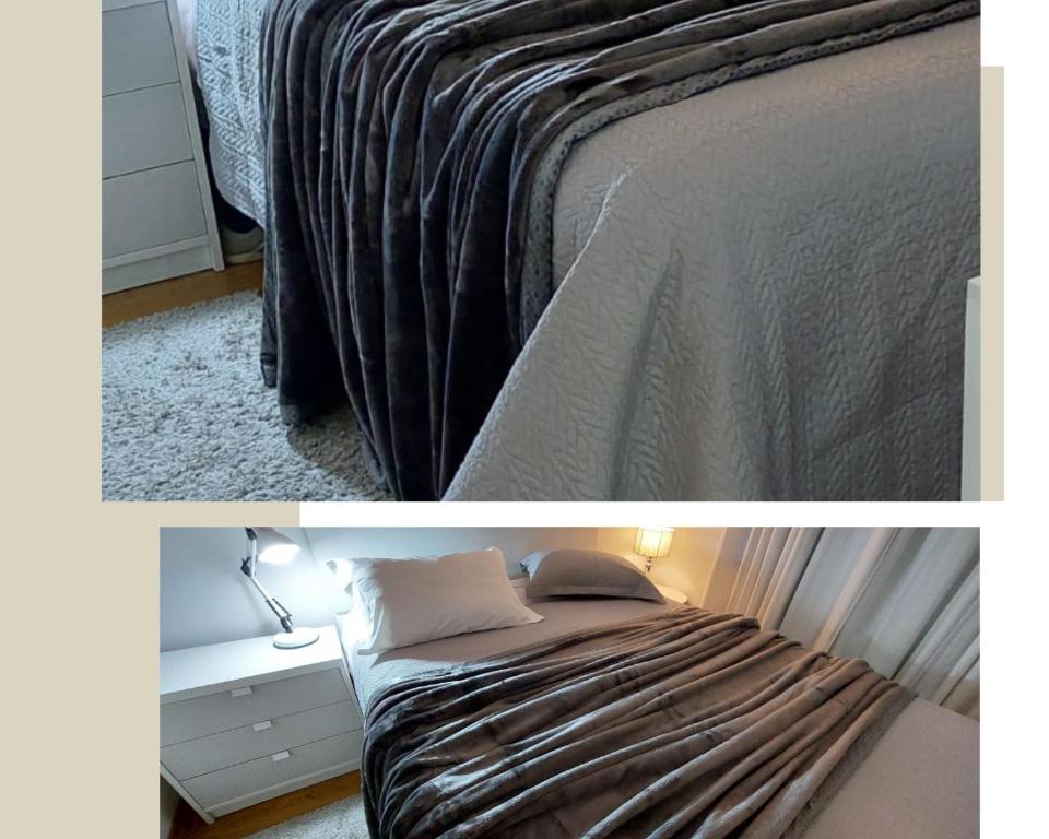 2 fotos de un dormitorio con cama en Flat Gramado Home Sweet Home en Gramado
