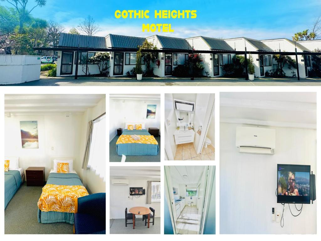 a collage of four pictures of a house at Gothic Heights Motel in Christchurch