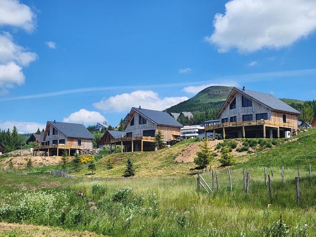 a group of houses on top of a hill at La flèche 1 de Super Besse - Chalet de Standing avec Jacuzzi privatif in Besse-et-Saint-Anastaise