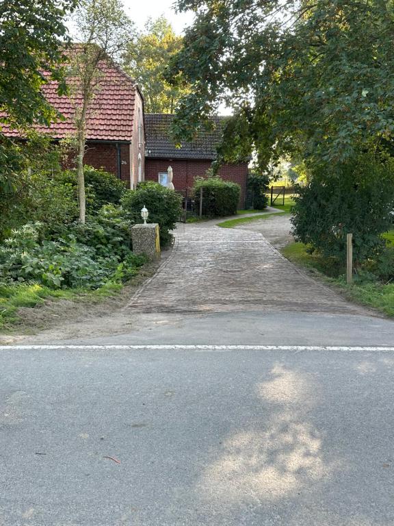 a driveway leading to a house with a building at Haus Tunix in Butjadingen