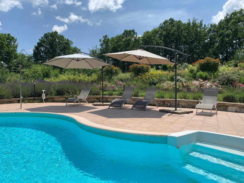 una piscina con 2 sombrillas y sillas junto a en Gîte Bois et Senteurs, en Lafrançaise