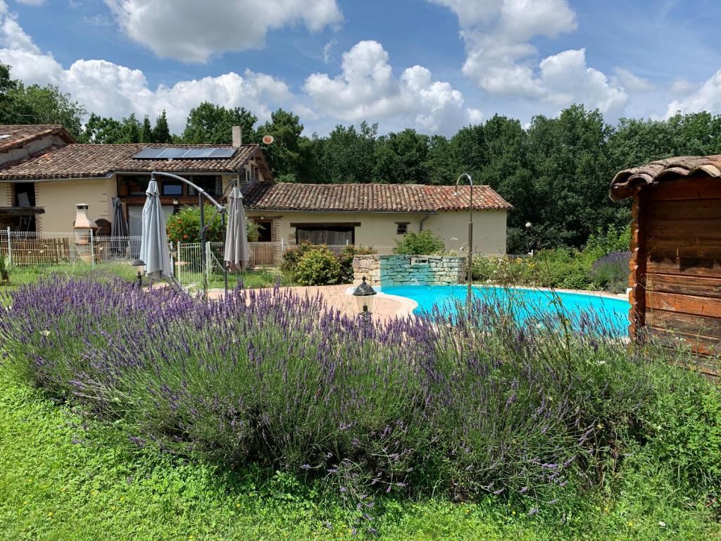una casa con un patio con flores púrpuras y una piscina en Gîte Bois et Senteurs, en Lafrançaise