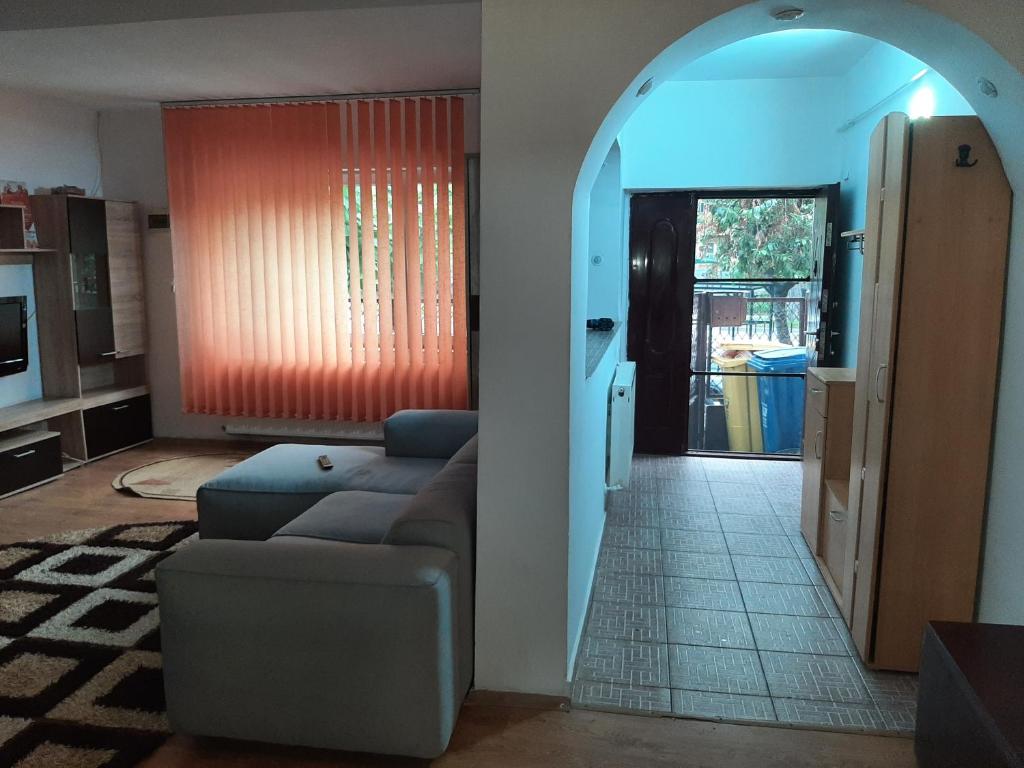 uma sala de estar com um sofá e uma porta para uma cozinha em Casă centru em Craiova