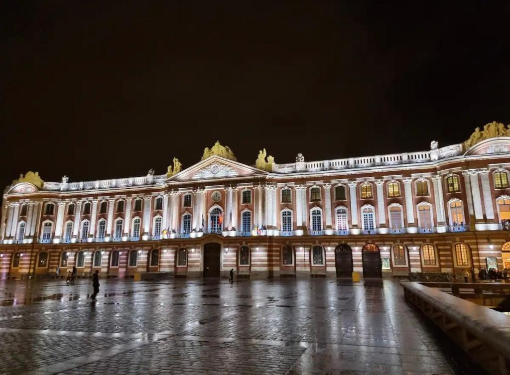 Un grand bâtiment est éclairé la nuit. dans l'établissement Le Duplex au centre de Toulouse - Self check In, à Toulouse