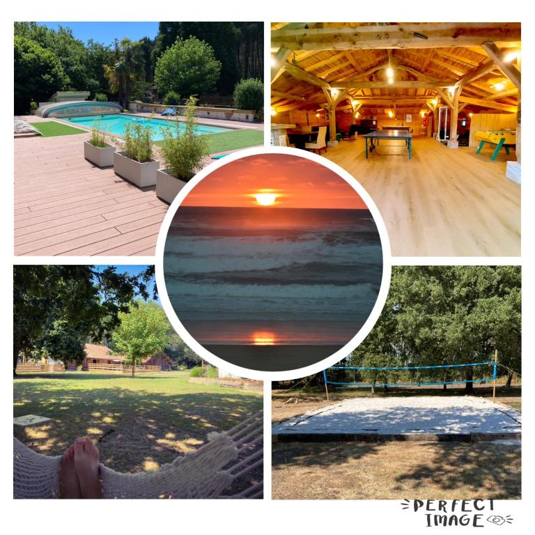 un collage de photos d'une piscine et d'un coucher de soleil dans l'établissement Les Gîtes du Grand Chêne, à Saint-Paul-en-Born