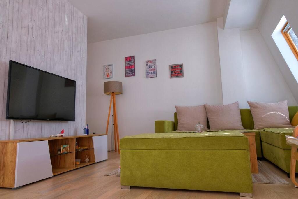 a living room with a green couch and a flat screen tv at Cosy apartment in Kumanovo in Kumanovo