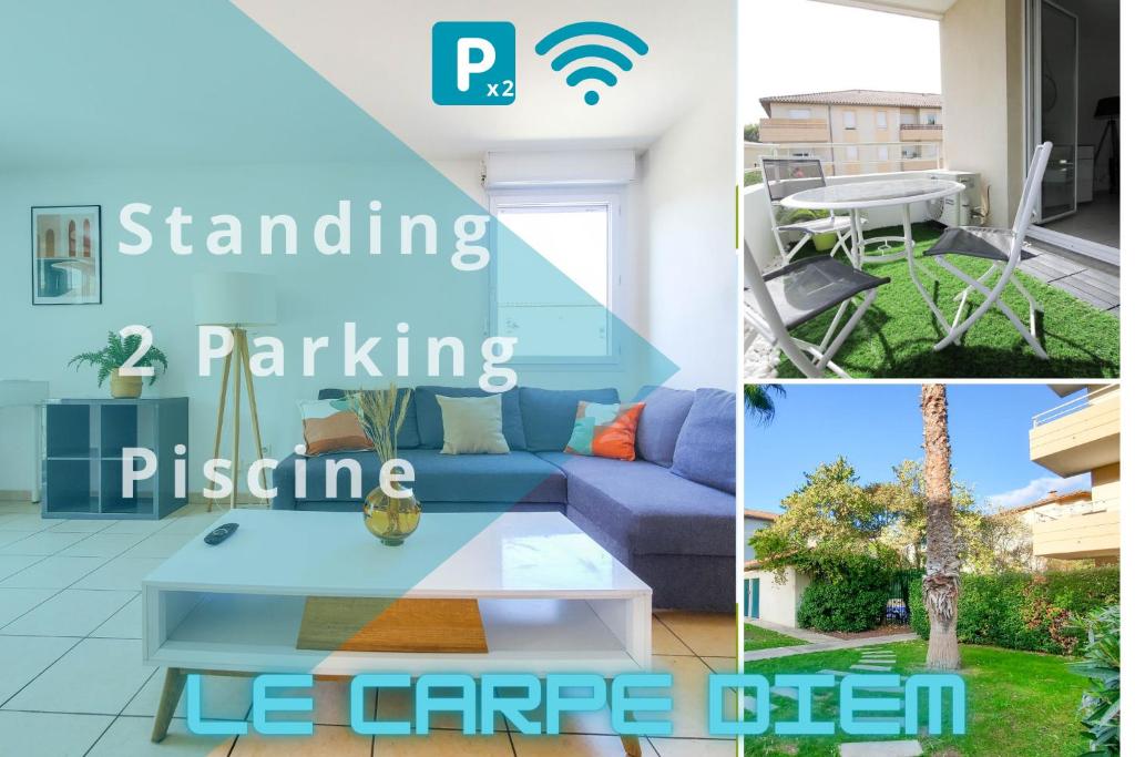 uma colagem de fotografias de uma sala de estar com um sofá azul em *Le Carpe Diem, Appartement 2 chambres, piscine, 2 Parking, Clim* em Montpellier