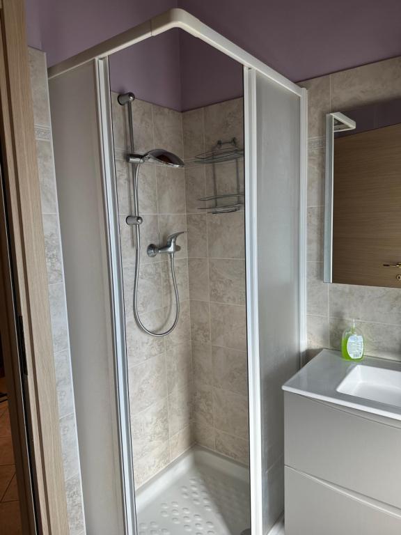 a bathroom with a shower and a sink at La tana di Piozzo in Piozzo