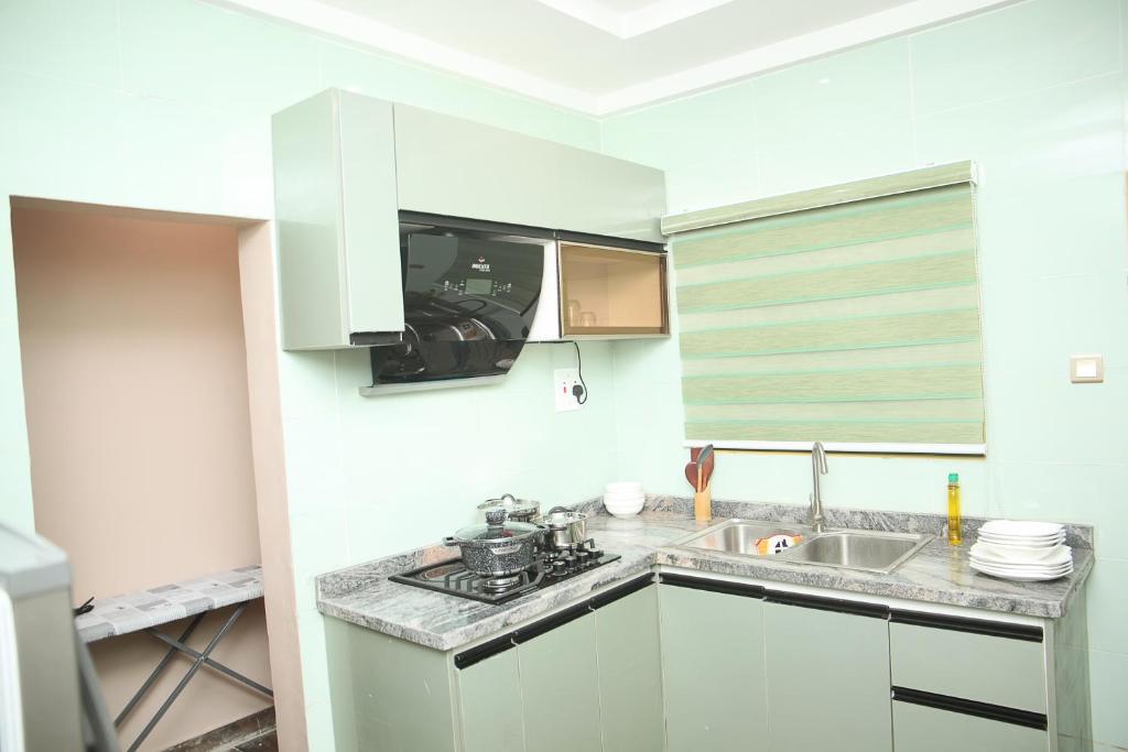 uma cozinha com um lavatório e uma bancada em Newly Built 2 Bedroom Tastefully Furnished House Available For Shortlet. em Lagos