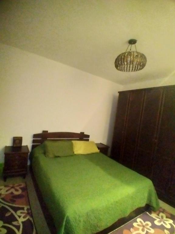 a bedroom with a green bed and a chandelier at مدينة الرحاب in Cairo