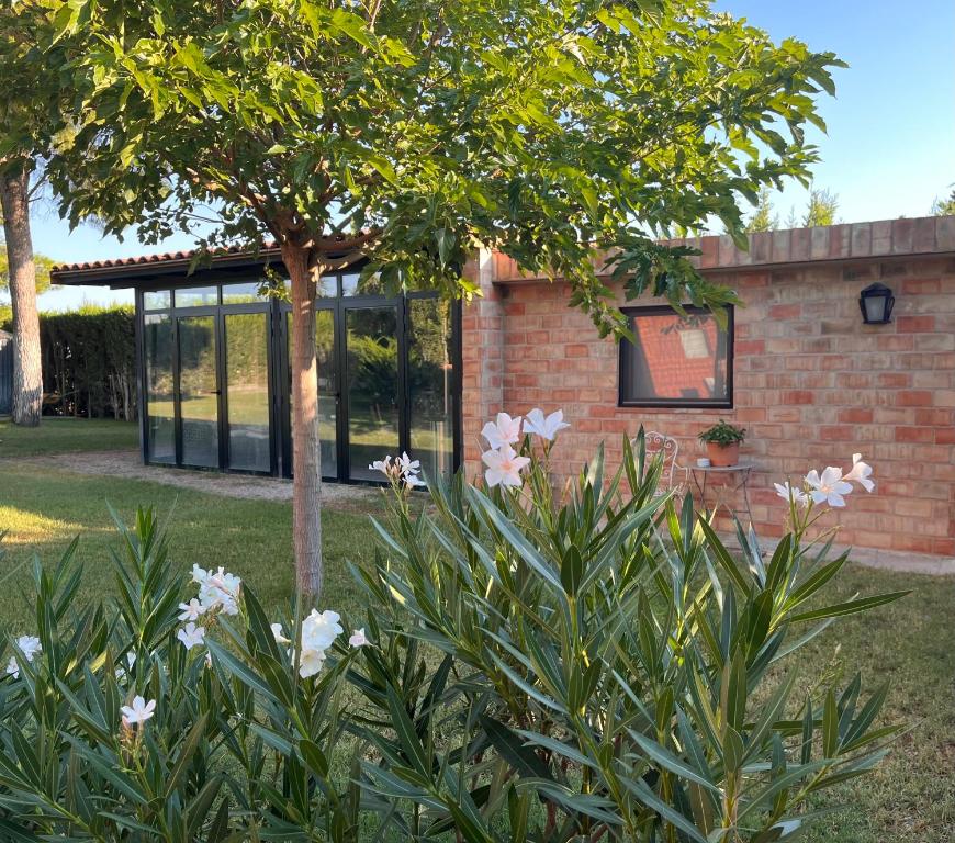 une maison en briques avec un arbre et quelques fleurs dans l'établissement Las casitas del Gallego, à Villanueva de Gállego