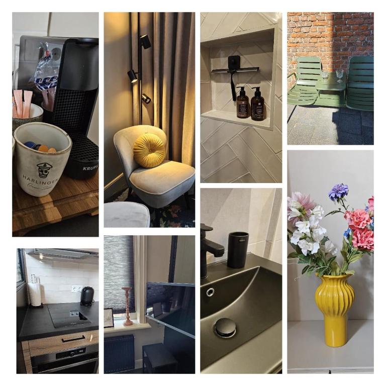 a collage of pictures of a kitchen with a vase of flowers at Bij Ons In Harlingen in Harlingen