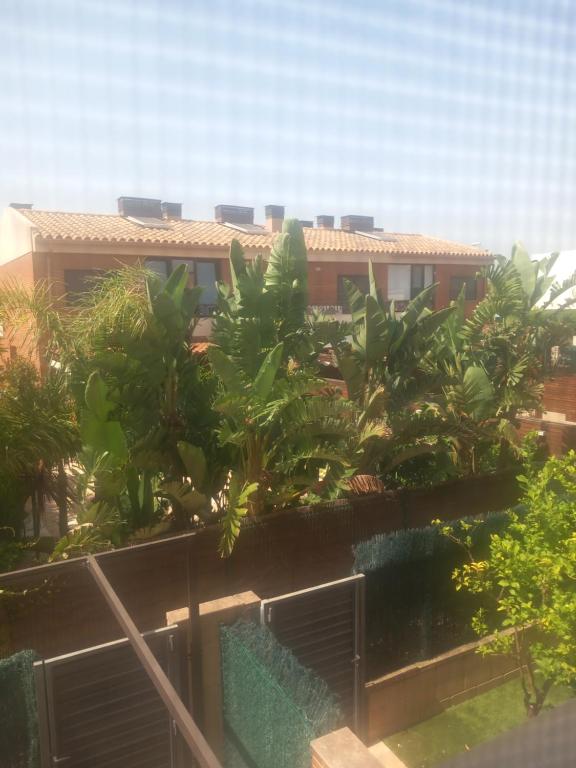 een gebouw met palmbomen voor een hek bij Chalet El Dorado Playa in Cambrils