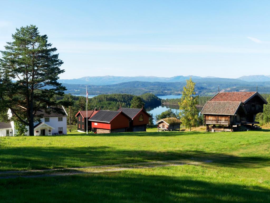 a group of buildings on a field with a tree at Bolkesjø Gaard in Notodden