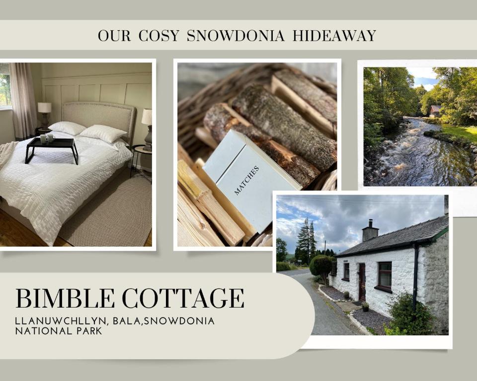 a collage of pictures of a bed and a house at Bimble cottage. The Cosy Snowdonia Hideaway in Llanuwchllyn
