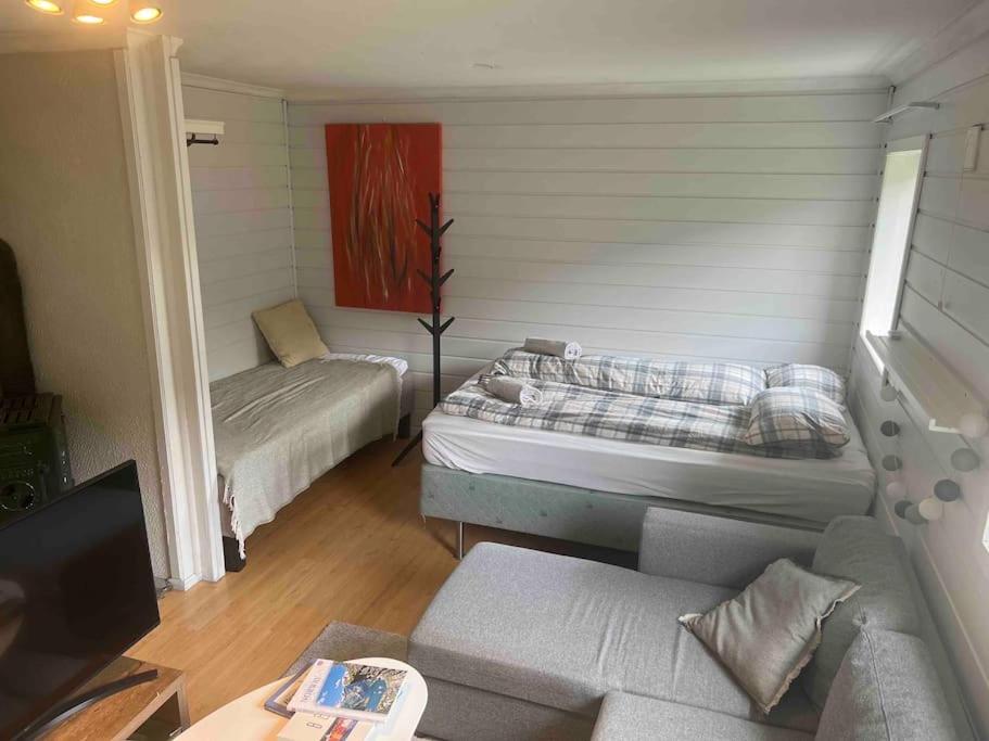 uma sala de estar com duas camas e um sofá em Cosy apartment with free parking em Bergen