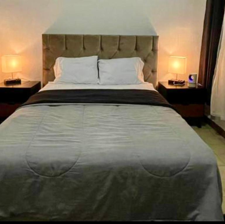 a large bed in a bedroom with two lamps at Acogedora y confortable habitación cerca del WTC in Mexico City