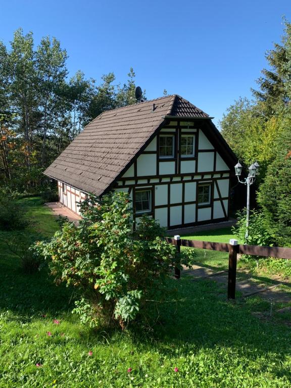 a black and white house with a roof at Kleine Ferienvilla in Frankenau in Frankenau