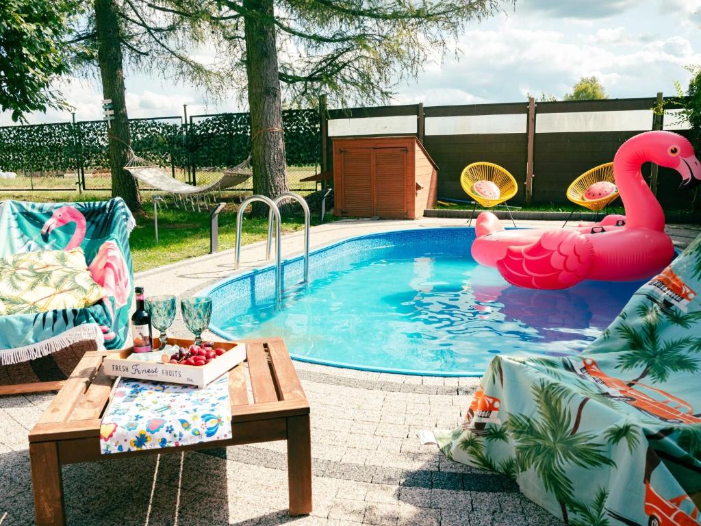 a swimming pool with a pink flamingo in it at Holiday Home in Kashubia with Pool & Sauna in Częstkowo