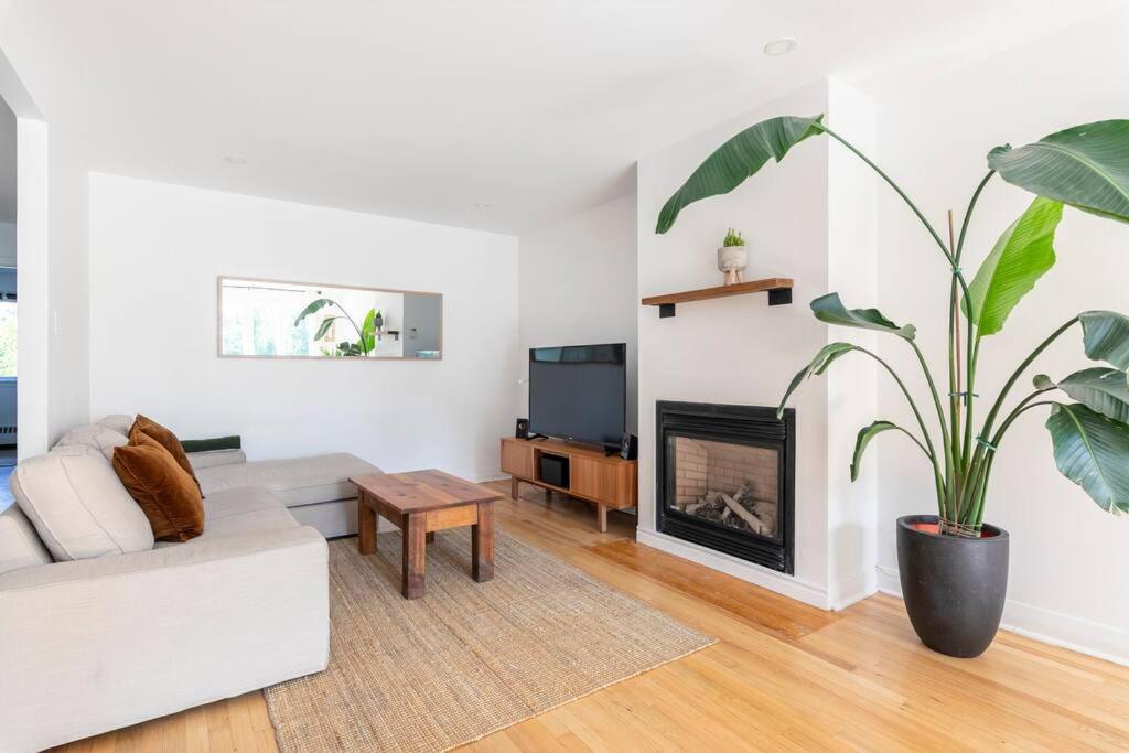 蒙特利尔Bright Riverfront 3-Bedroom Condo的带沙发和壁炉的客厅