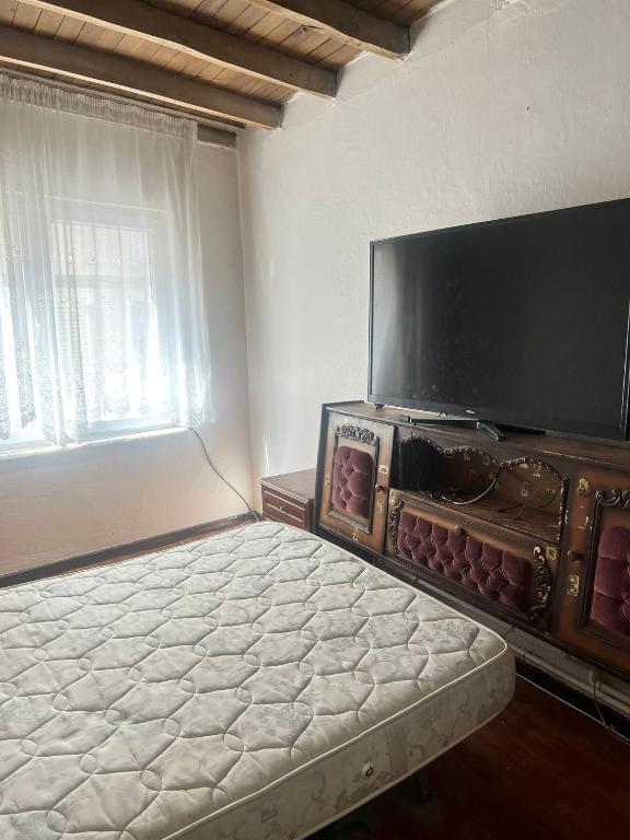 a room with a bed with a large flat screen tv at Spacious House by the Sea in Gemlik