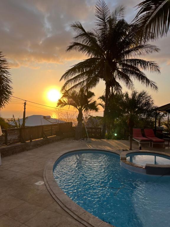 - une piscine avec un palmier et le coucher du soleil dans l'établissement Villa Nirvana, à Saint-Paul
