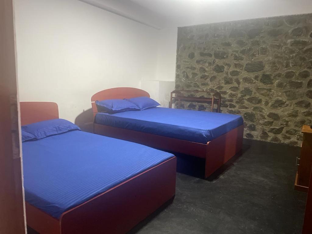 two beds in a room with a stone wall at Artomoro Ceylon motel in Demodera