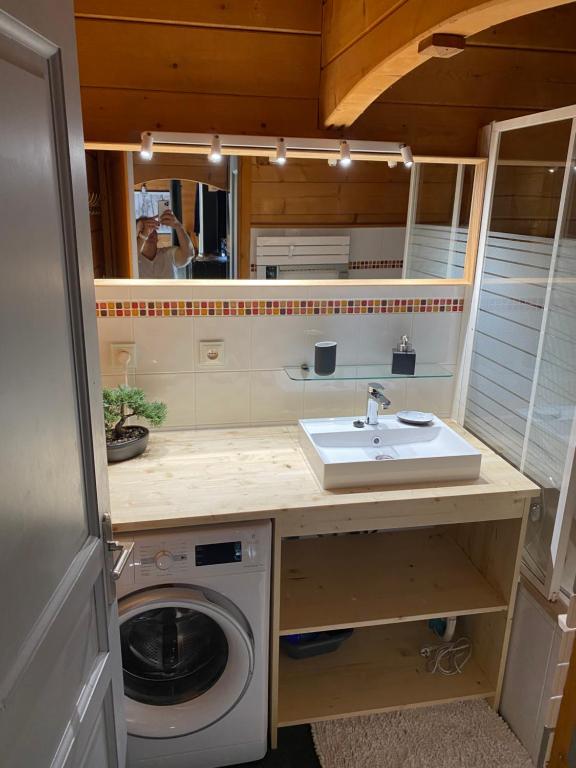 ein Badezimmer mit einem Waschbecken und einer Waschmaschine in der Unterkunft Chalet Van Gogh in Morillon