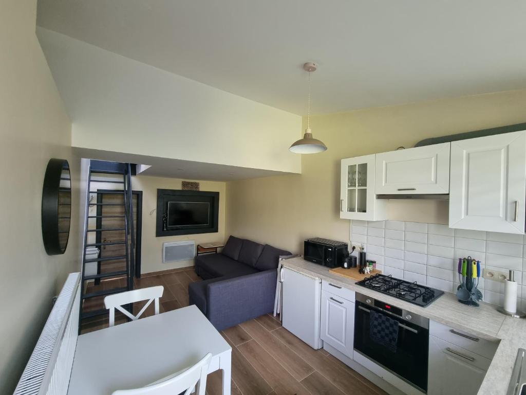 een kleine keuken en een woonkamer met een blauwe bank bij Studio Lillois in Bois le Duc