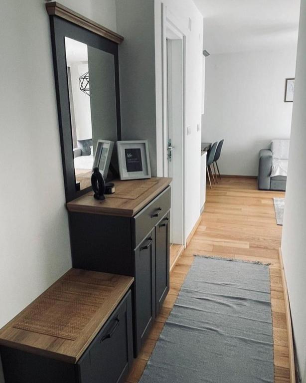 a room with a mirror and a dresser with a mirror at Gray apartman in Vrnjačka Banja