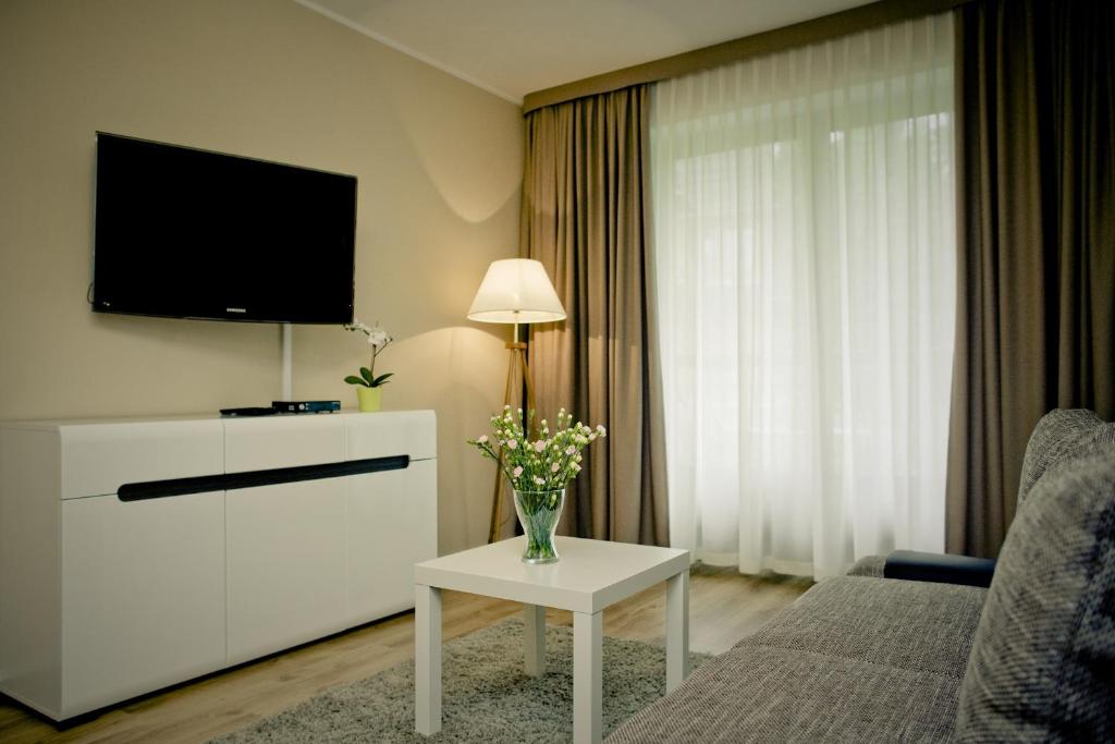 Televízia a/alebo spoločenská miestnosť v ubytovaní Apart4You Apartamenty Bulwary25