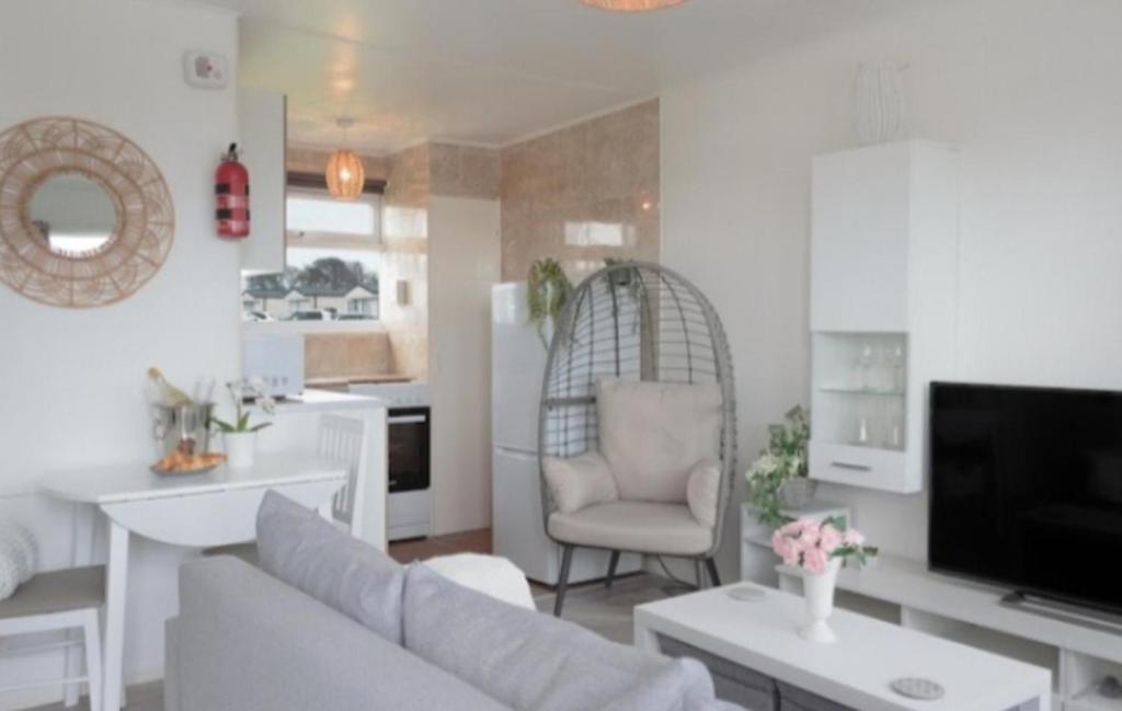 un soggiorno con divano, sedia e TV di Seadell 2 Bed Coastal Chalet in Hemsby Great Yar a Hemsby