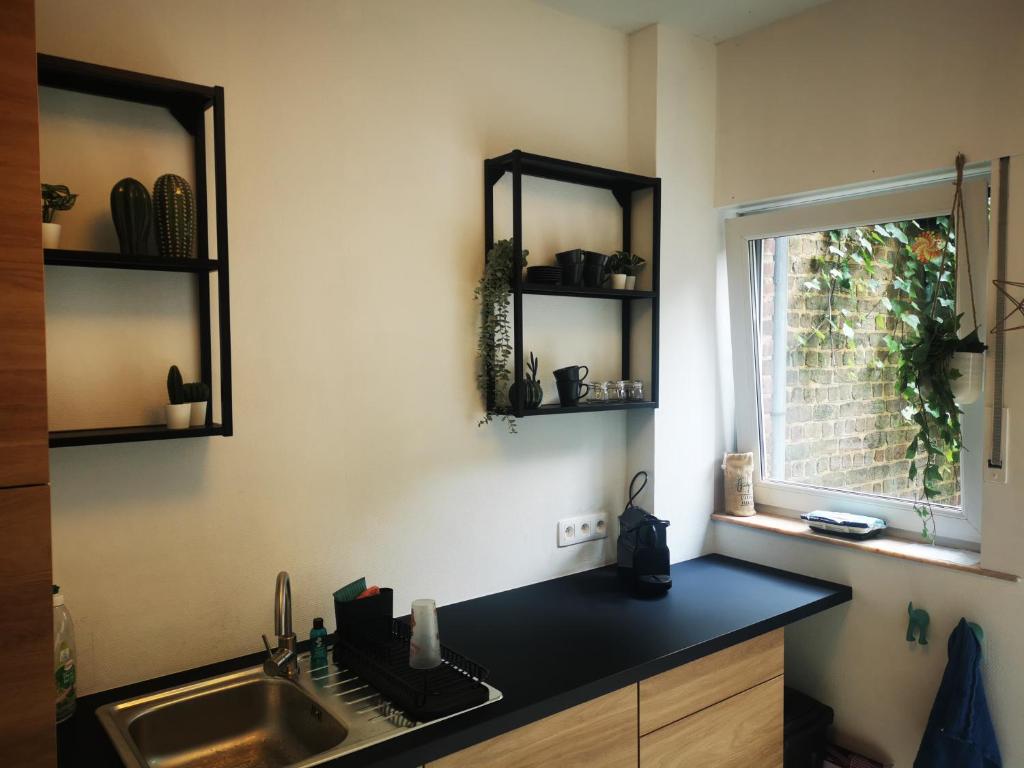 eine Küche mit einem Waschbecken und einem Fenster in der Unterkunft Studio - un lit en ville in Ath