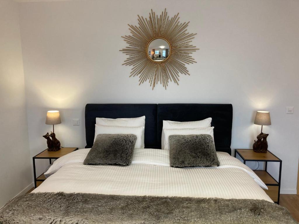 1 dormitorio con 1 cama grande y espejo en la pared en Le Lézard et la Grenouille BnB, en Ovronnaz